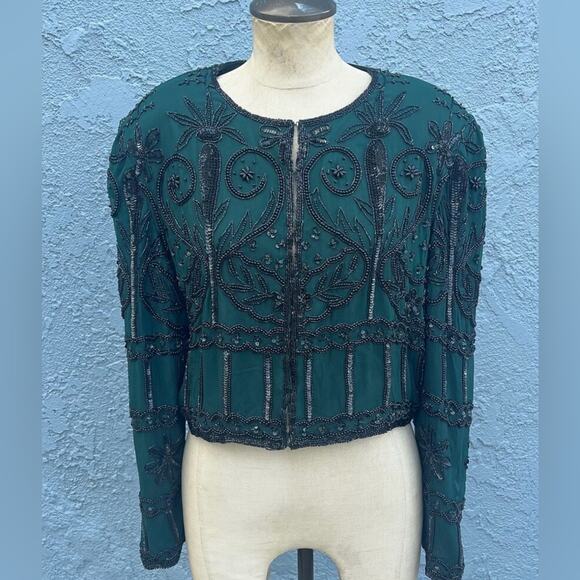 VTG Laurence kazar Beaded Jacket or Top in Emerald Green black cropped silk M - Picture 1 of 16